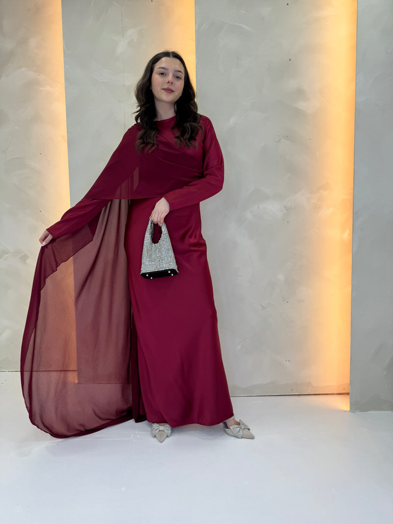 Chiffon Cape Dress - Burgundy