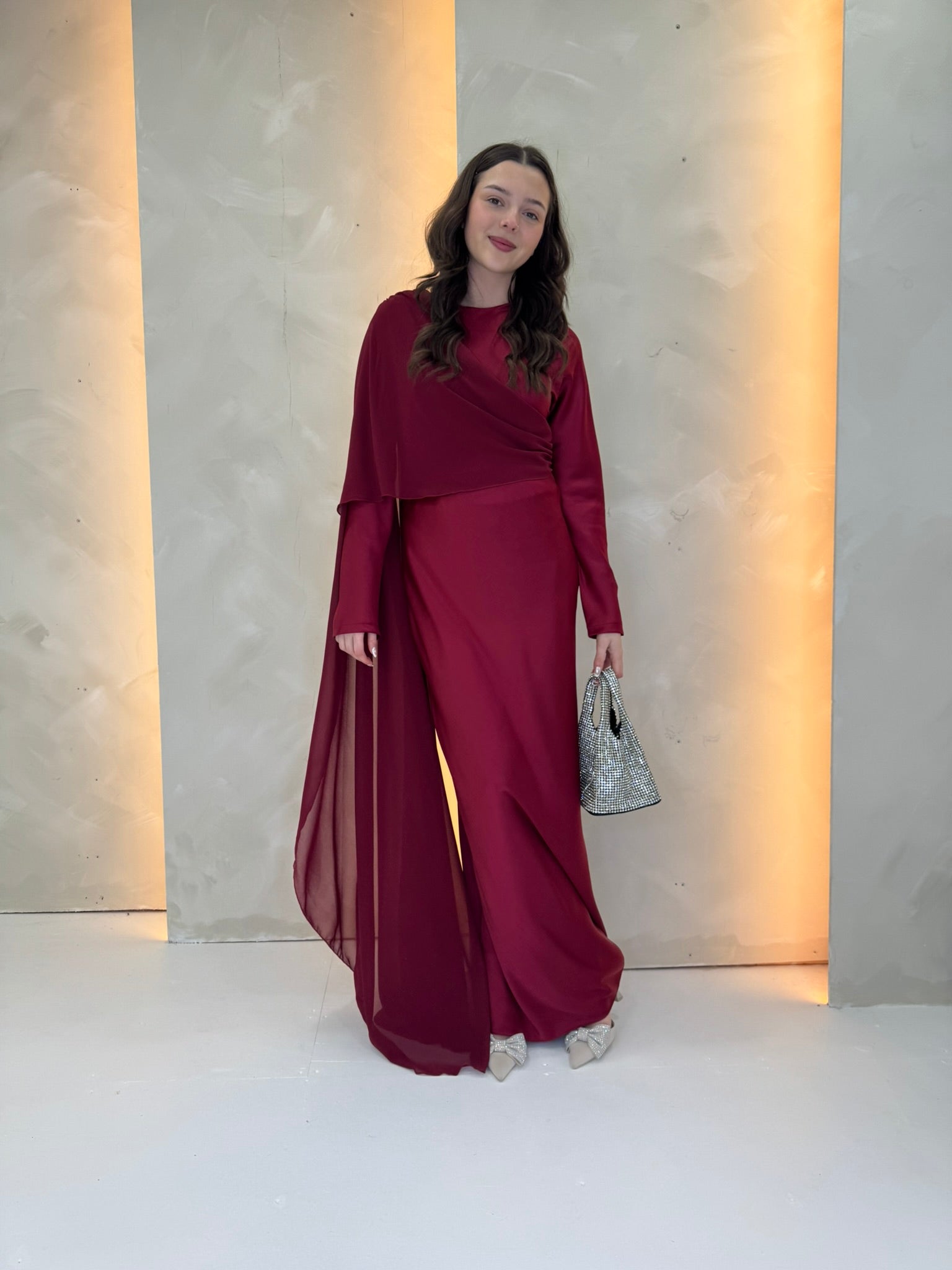 burgundy cape dress Women's Long Sleeve Satin Cape Maxi Dress – Femme Couture