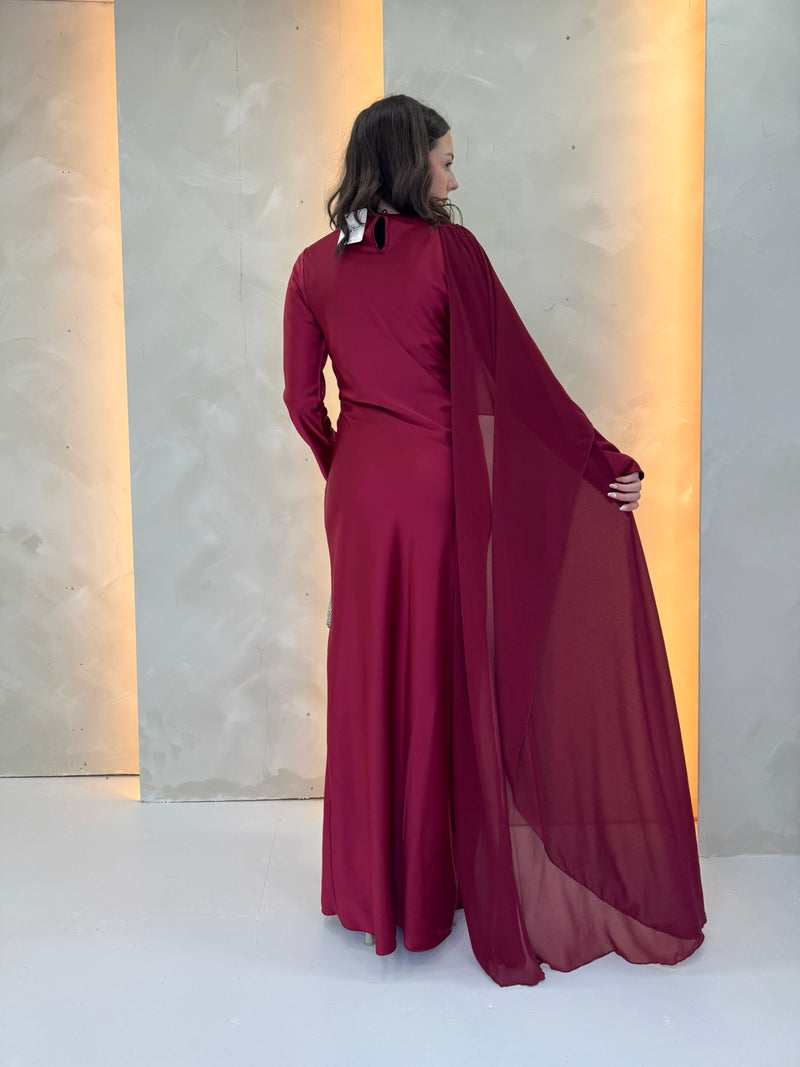 Chiffon Cape Dress - Burgundy