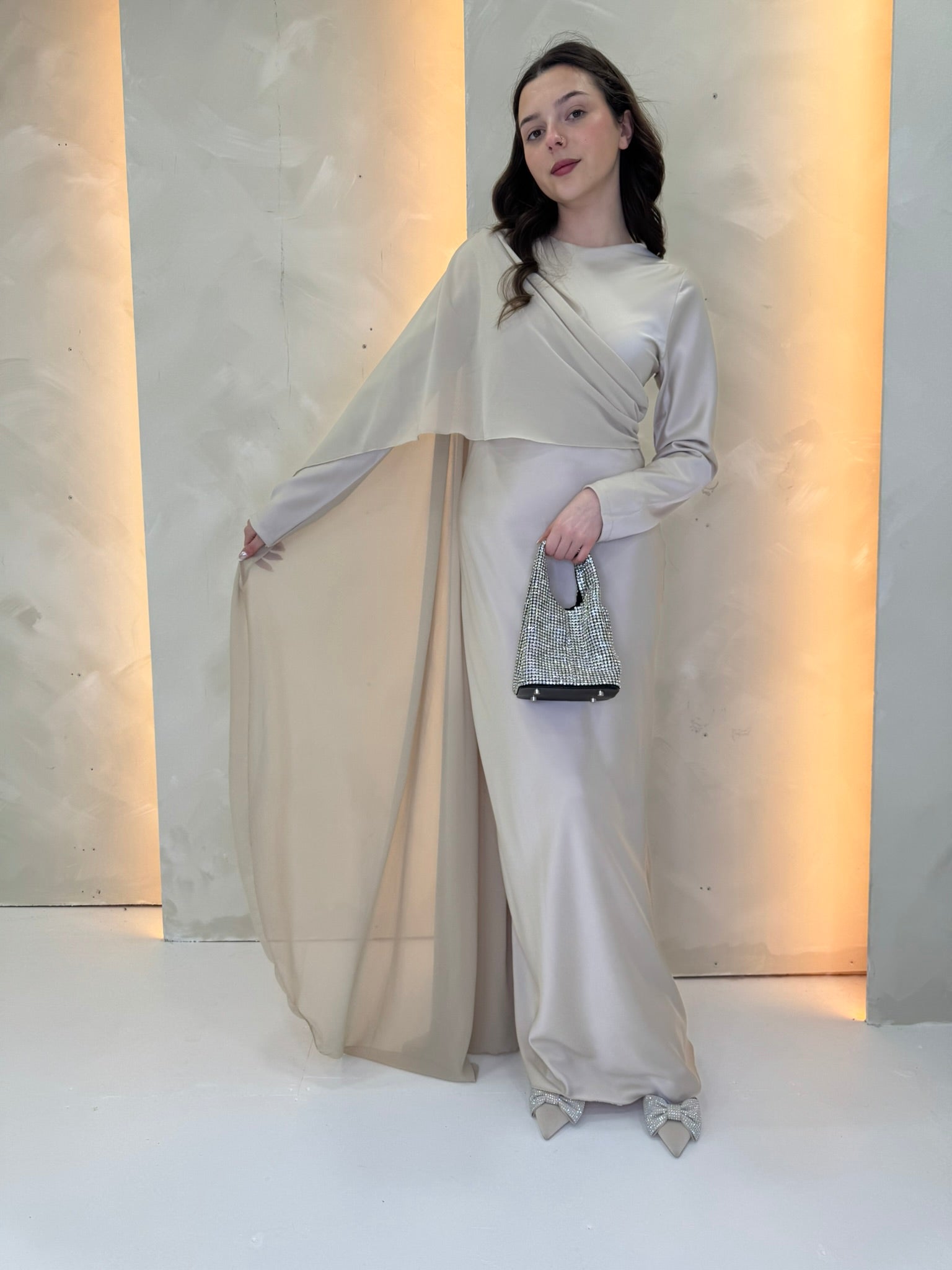 Women's Long Sleeve Beige Satin Cape Maxi Dress Femme Couture Women's Long Sleeve Beige Satin Cape Maxi Dress Femme Couture