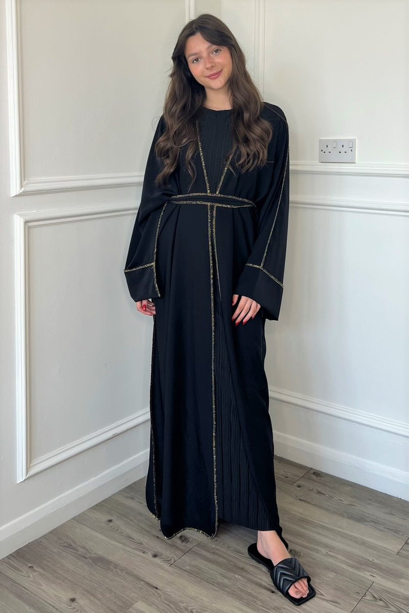 Gold Trim Open Abaya - Black