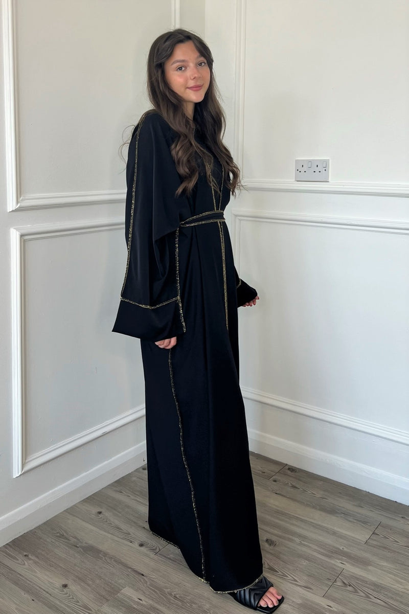 Gold Trim Open Abaya - Black