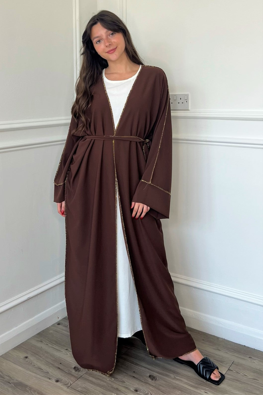 Gold Trim Open Abaya - Brown