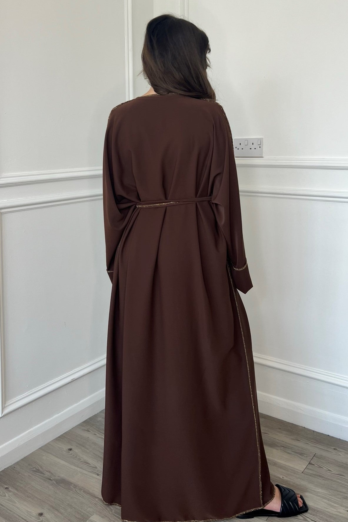 Gold Trim Open Abaya - Brown