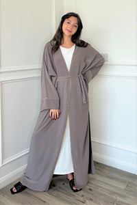 Gold Trim Open Abaya - Grey