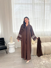 Pearl Sleeve Linen Abaya - Choco