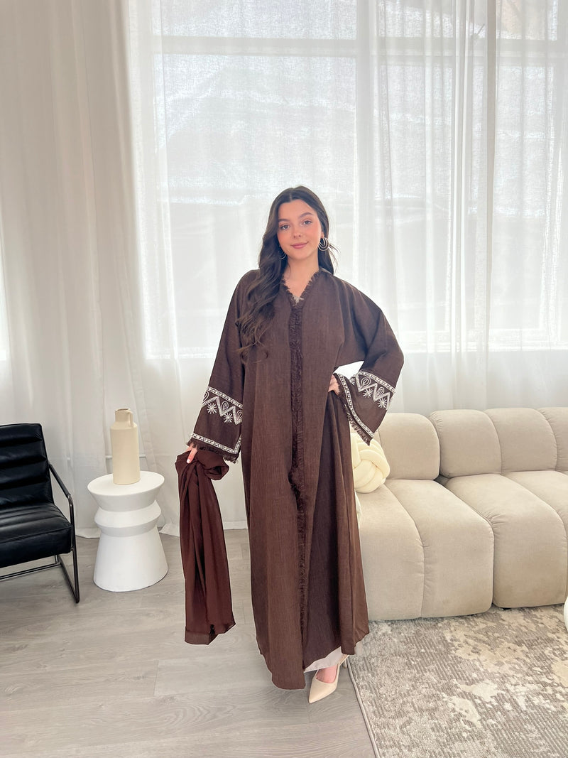 Pearl Sleeve Linen Abaya - Choco