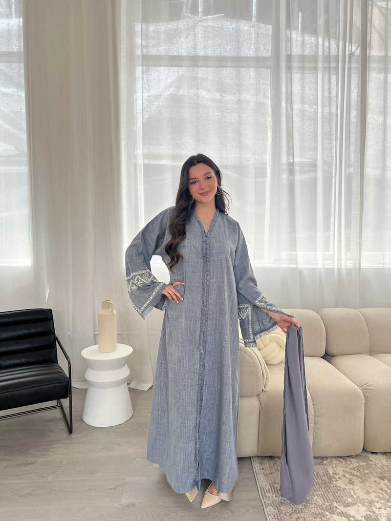 Pearl Sleeve Linen Abaya - Blue