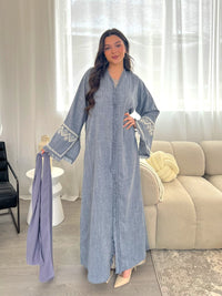 Pearl Sleeve Linen Abaya - Blue