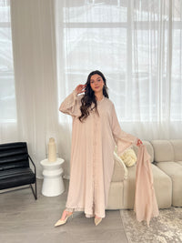 Pearl Sleeve Linen Abaya - Beige