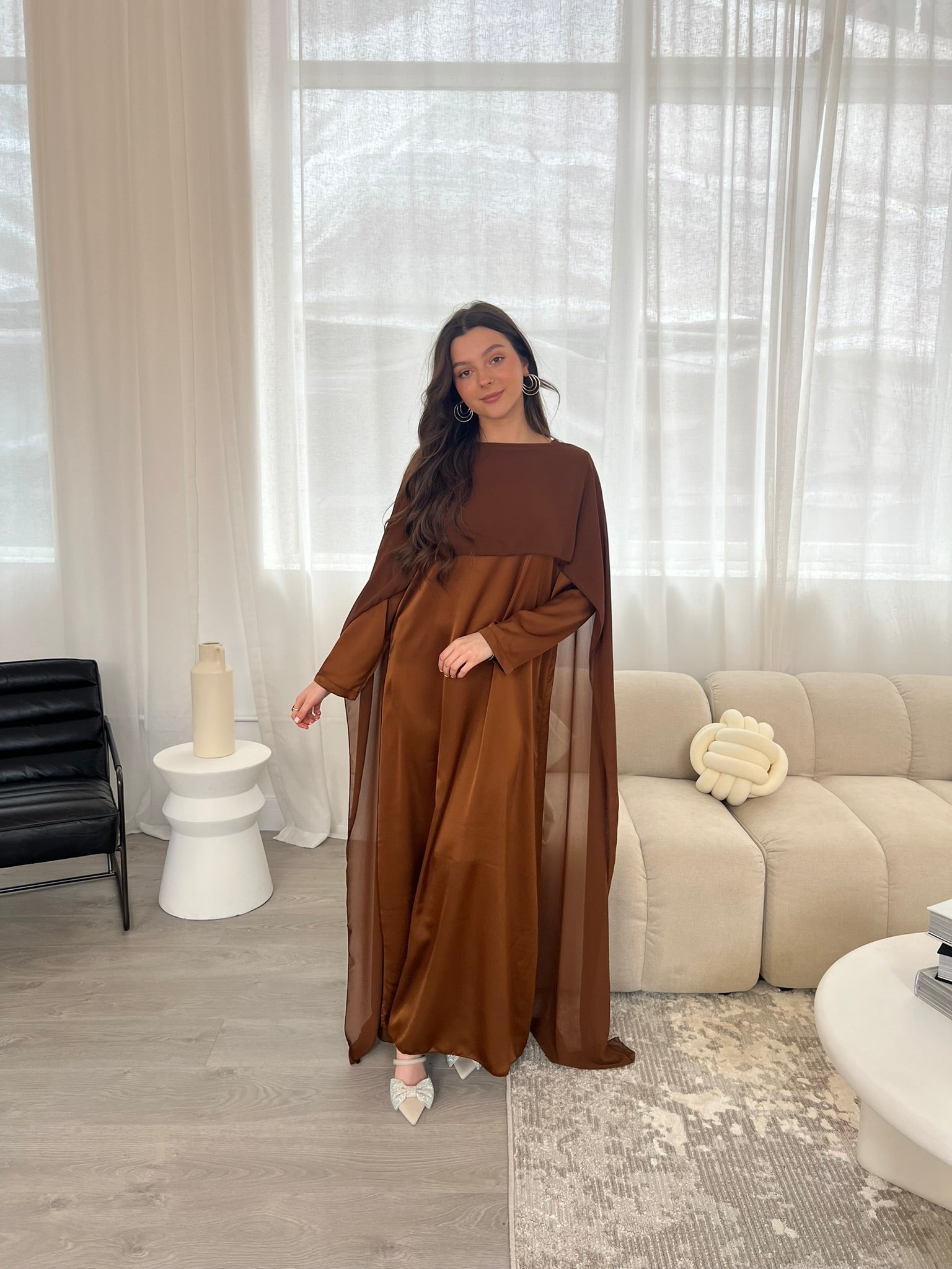 brown cape dress Izel Cape Gown