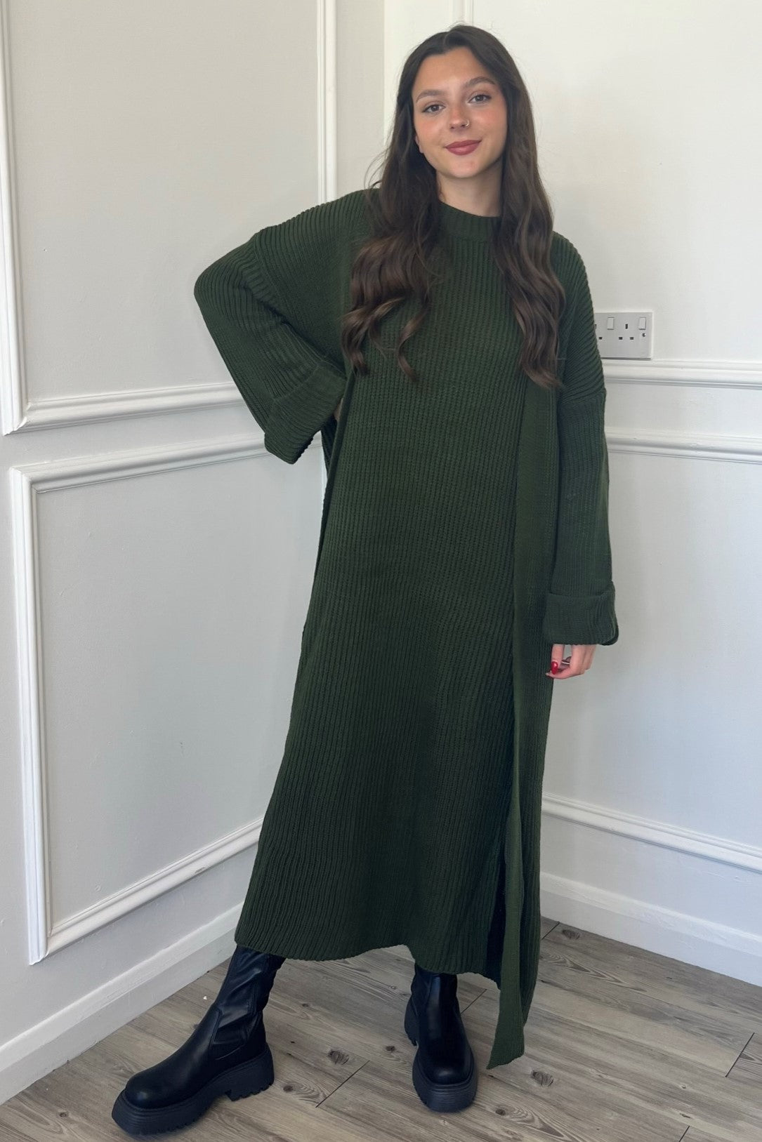 knitted co ord dress Never Fully Dressed knitted jumper dress and cape co-ord in khaki print