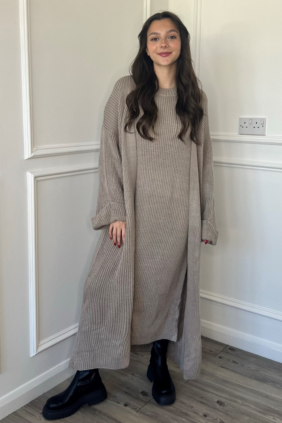 Black Outfit Midi Dress Ribbed Dress With Cardigan Knitted Maxi Cardigan And Dress Co-Ord Set Black Outfit Midi Dress Ribbed Dress With Cardigan Knitted Maxi Cardigan And Dress Co-Ord Set