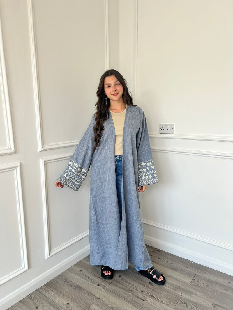 Flower Linen Abaya - Denim Blue