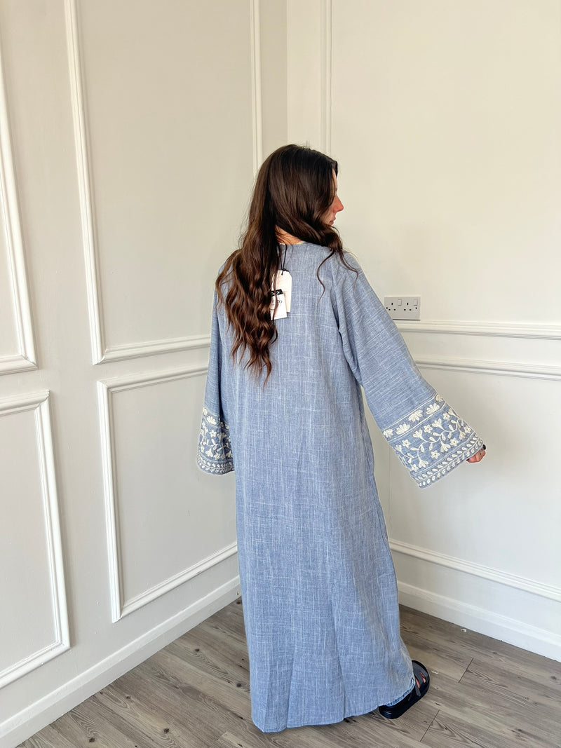 Flower Linen Abaya - Denim Blue