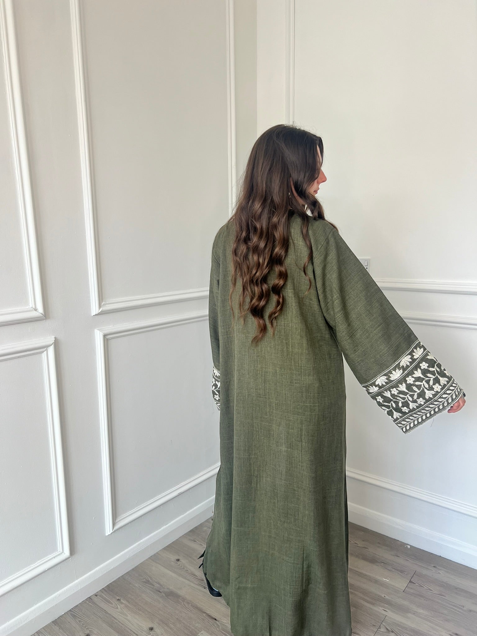 Flower Linen Abaya - Khaki