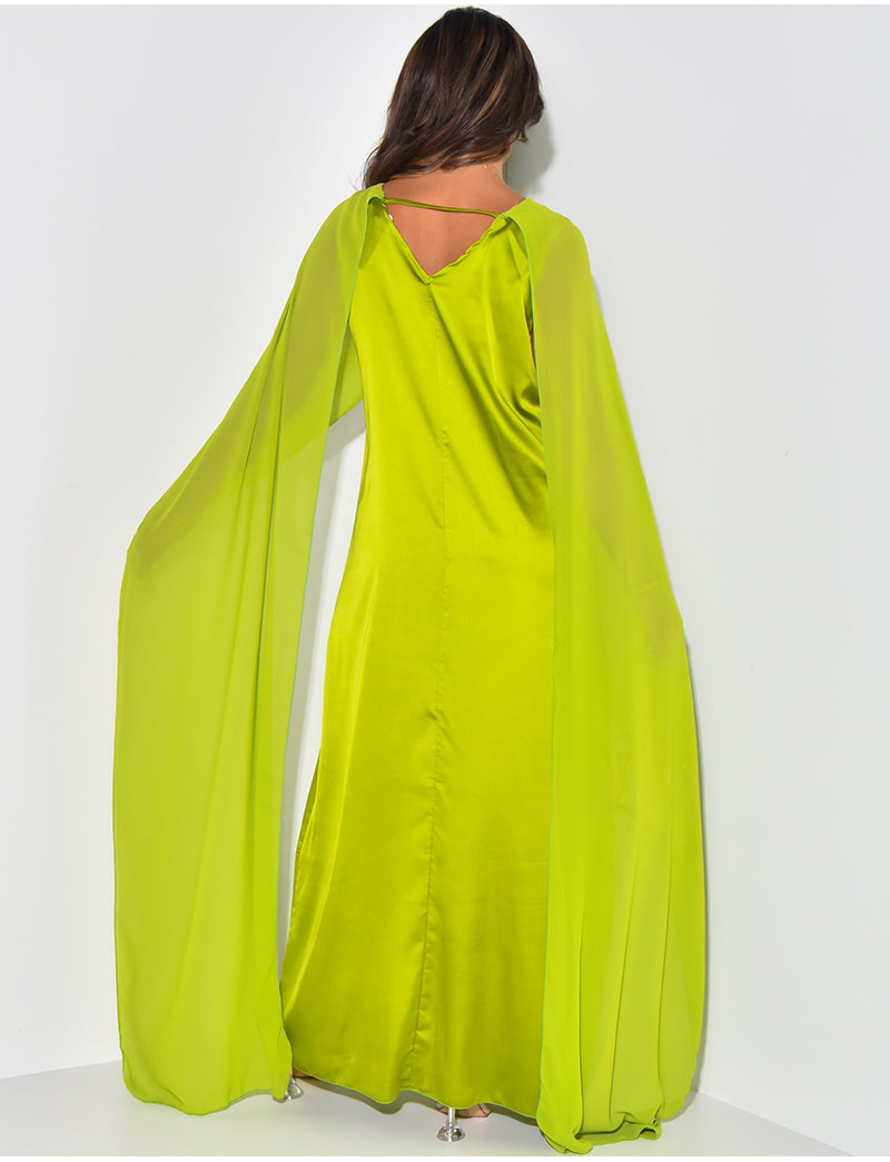 Maxi Formal Modest Cape Satin Lime Green Dress | Modest Clothing Femme Couture Maxi Formal Modest Cape Satin Lime Green Dress | Modest Clothing Femme Couture