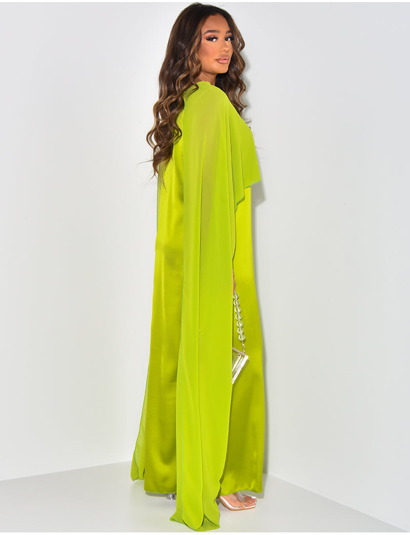 Maxi Formal Modest Cape Satin Lime Green Dress