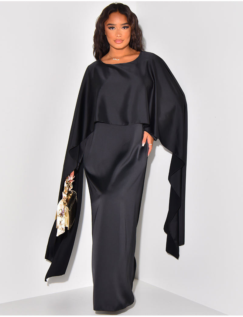 Maxi Formal Modest Cape Satin Black Dress | Modest Clothing Femme Couture Maxi Formal Modest Cape Satin Black Dress | Modest Clothing Femme Couture